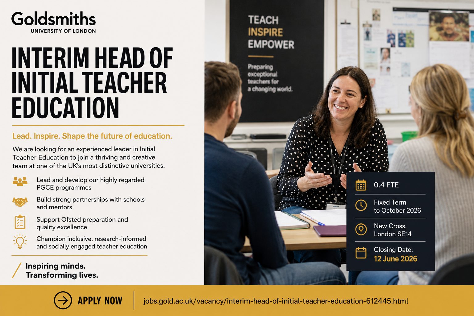 Interim Head of Initial Teacher Education Required at Goldsmiths, Join One of the UK’s Most Creative Teacher Education Communities